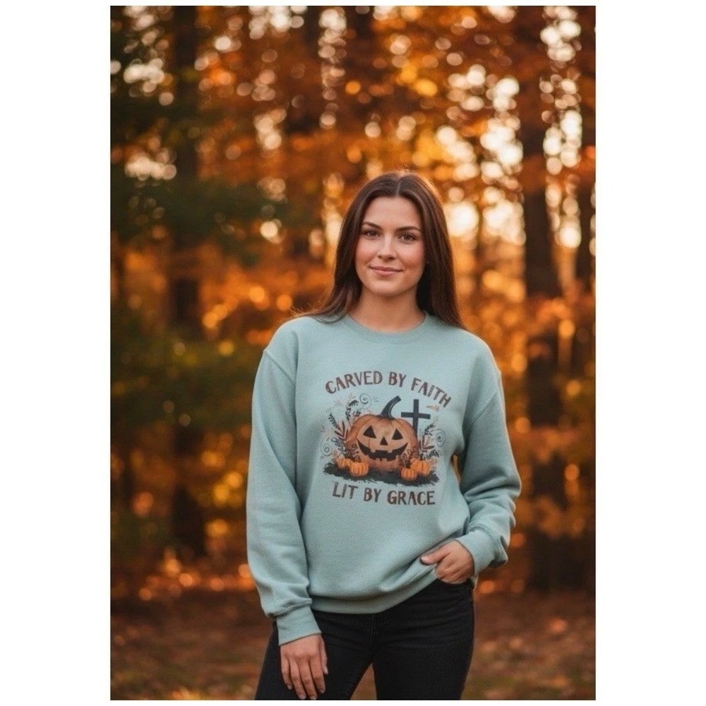 Bow-Kae Designs Sweatshirt Women S Blue Carved by Faith Pumpkin Christian Fleece - Picture 11 of 13